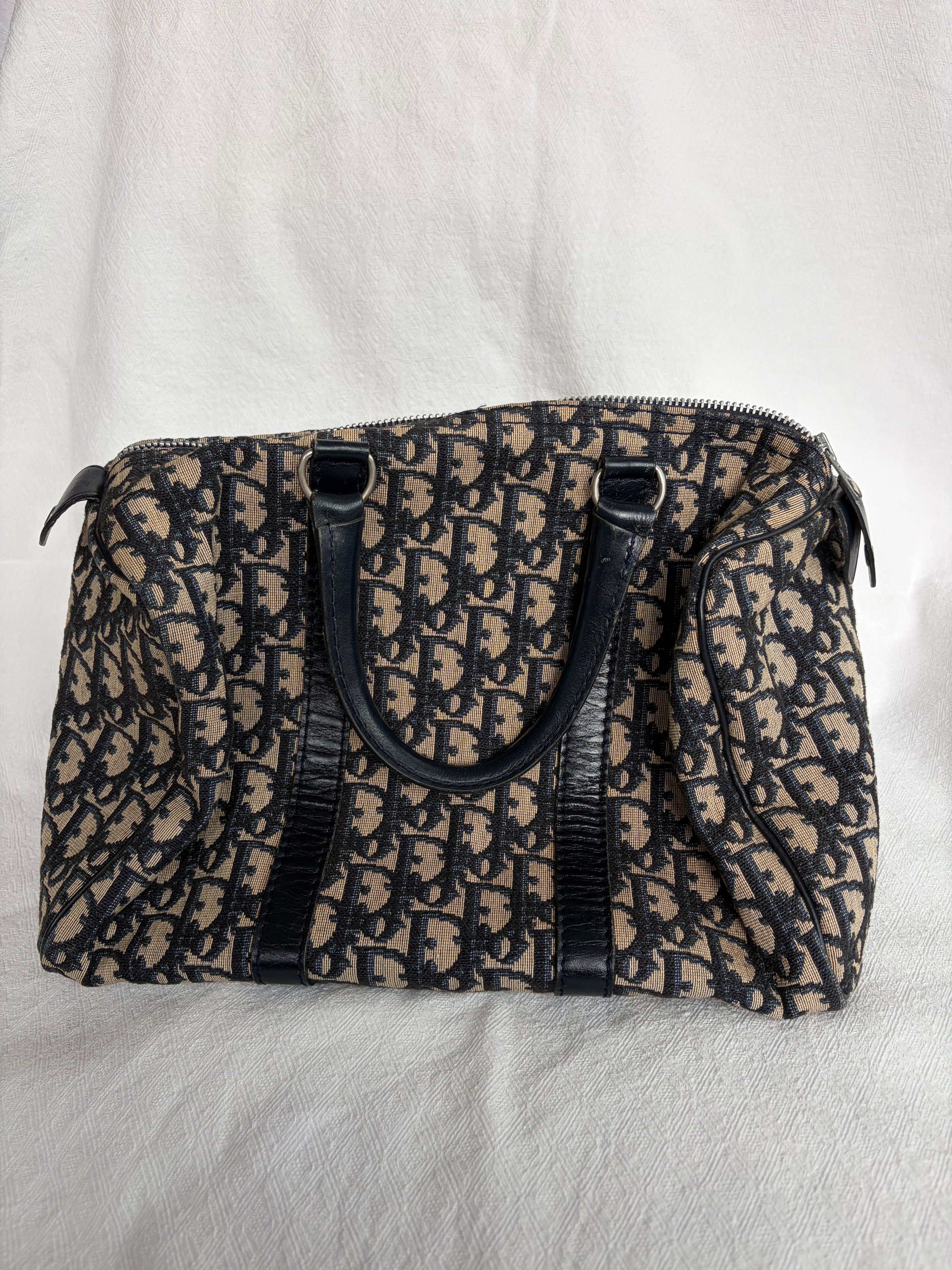 Christian Dior Trotter Canvas & Leather Hand bag Navy Blue