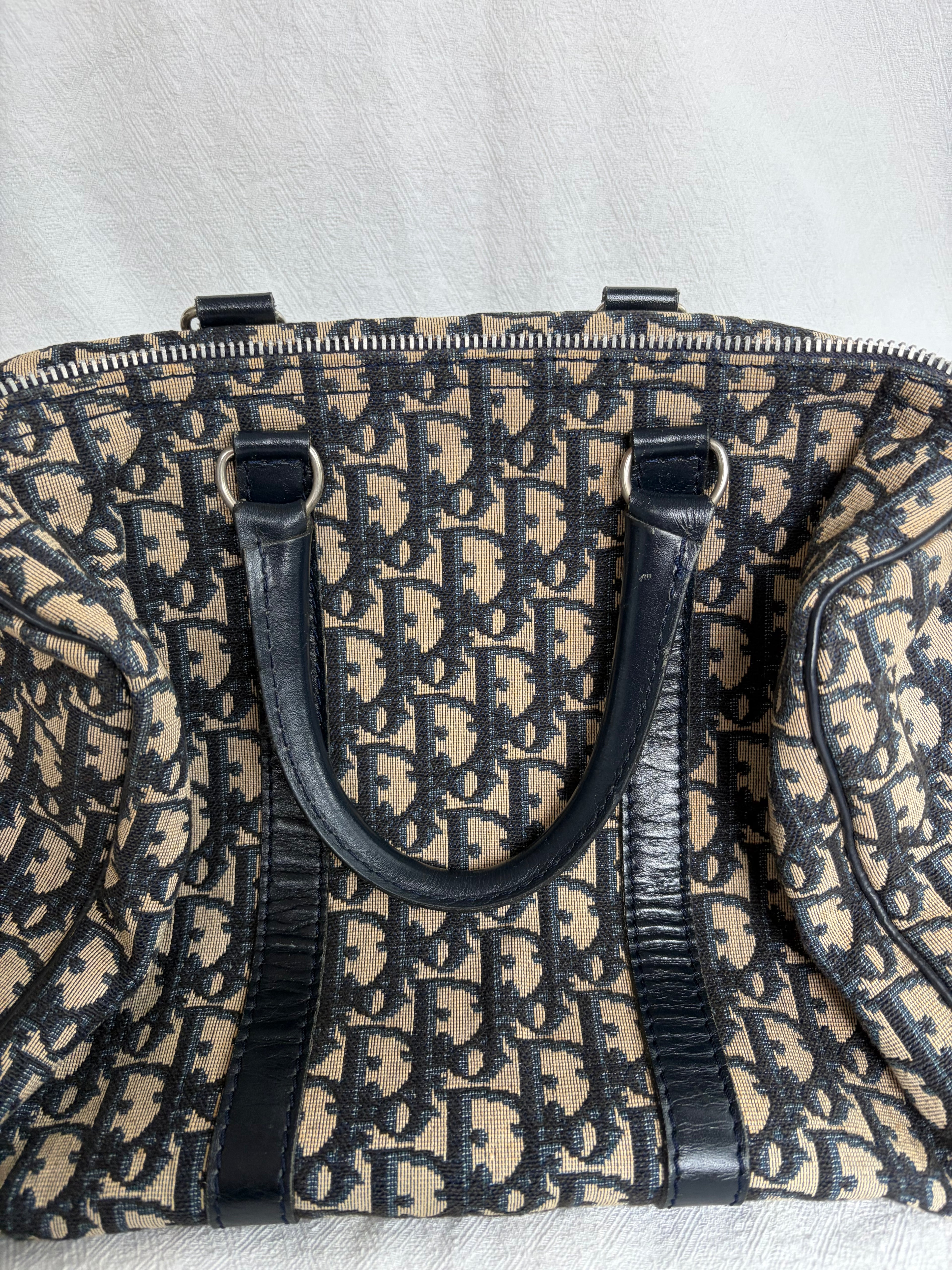 Christian Dior Trotter Canvas & Leather Hand bag Navy Blue