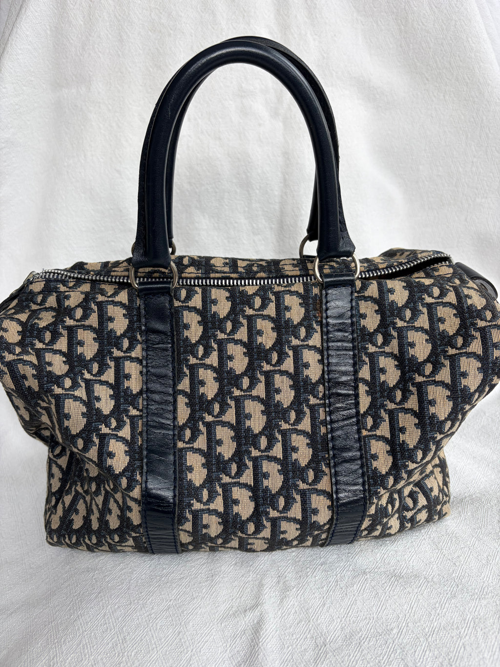 Christian Dior Trotter Canvas & Leather Hand bag Navy Blue