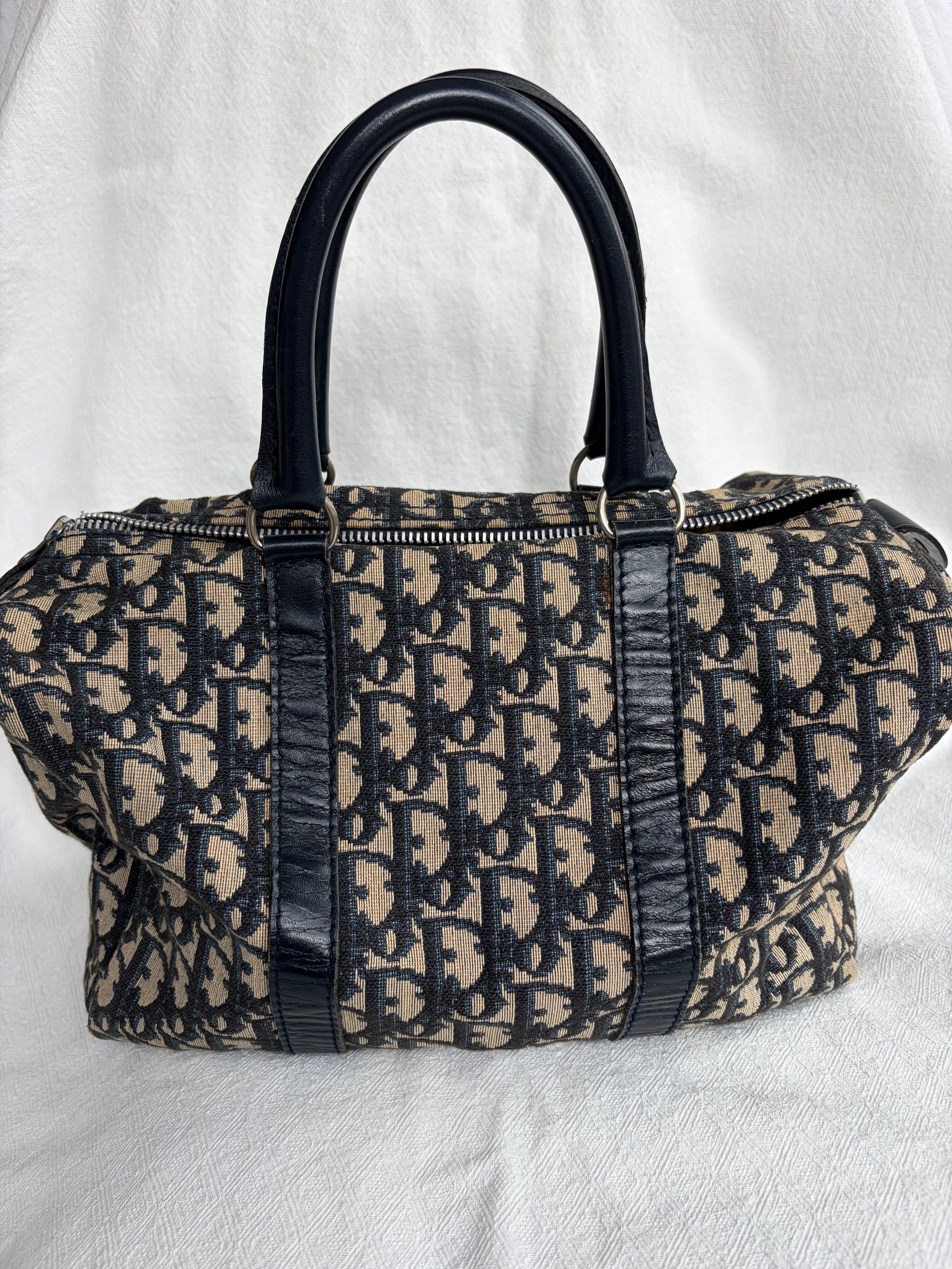 Christian Dior Trotter Canvas & Leather Hand bag Navy Blue